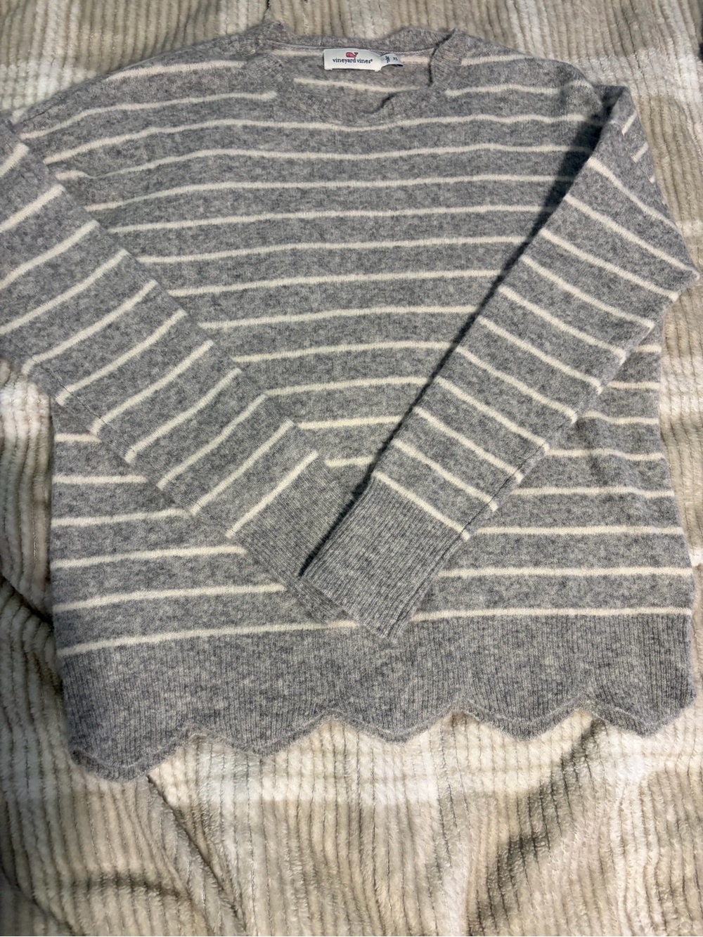 Vineyard Vines Gray and White Striped Scallop-Hem Crew Sweater